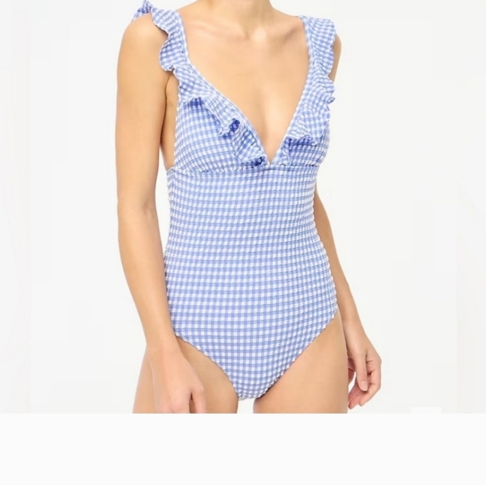 J. Crew Seersucker Ruffle-shoulder Vneck One-piece Bathing Suit, Blue And White